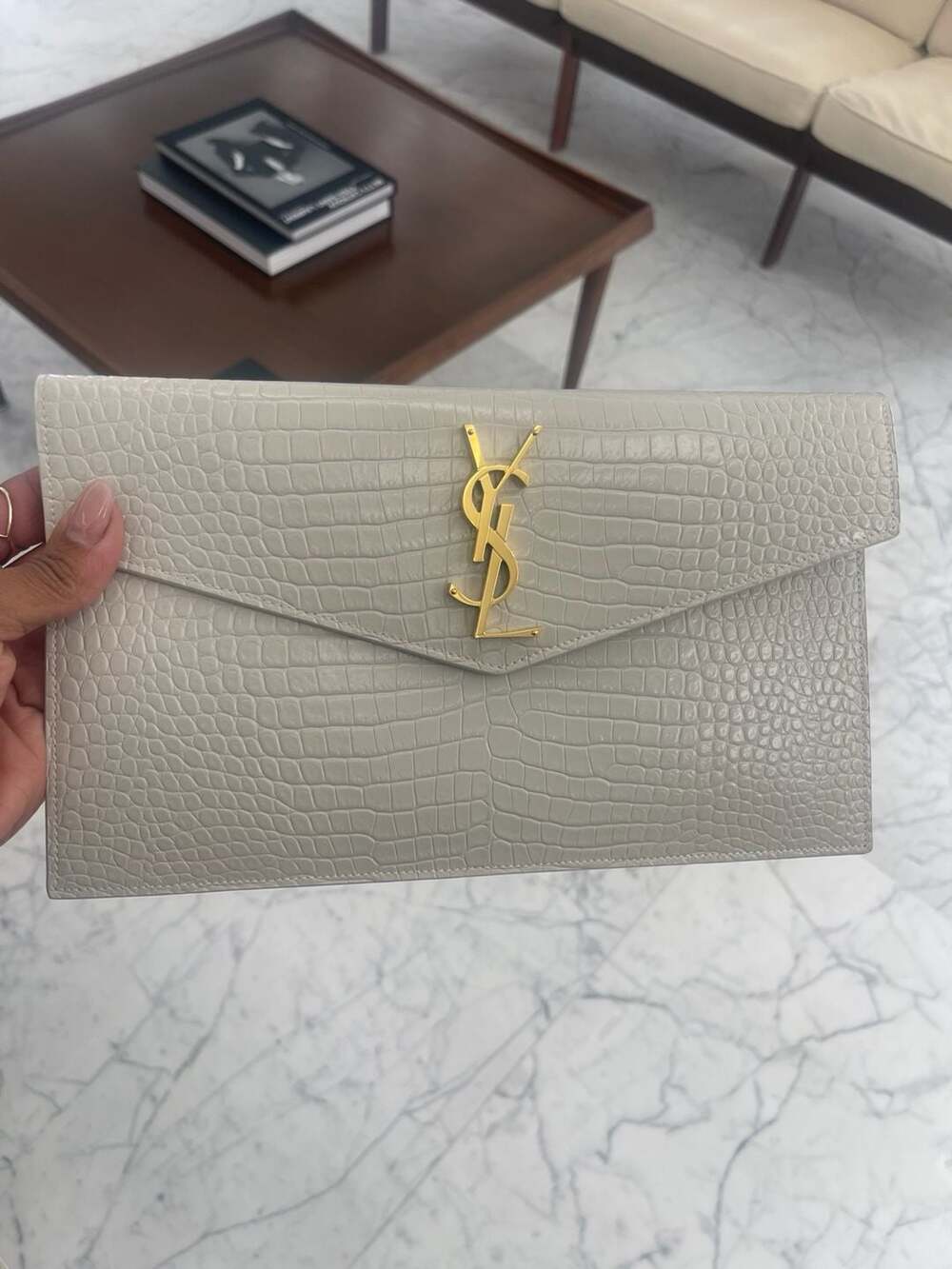 UPTOWN POUCH IN CROCODILE-EMBOSSED SHINY LEATHER in White